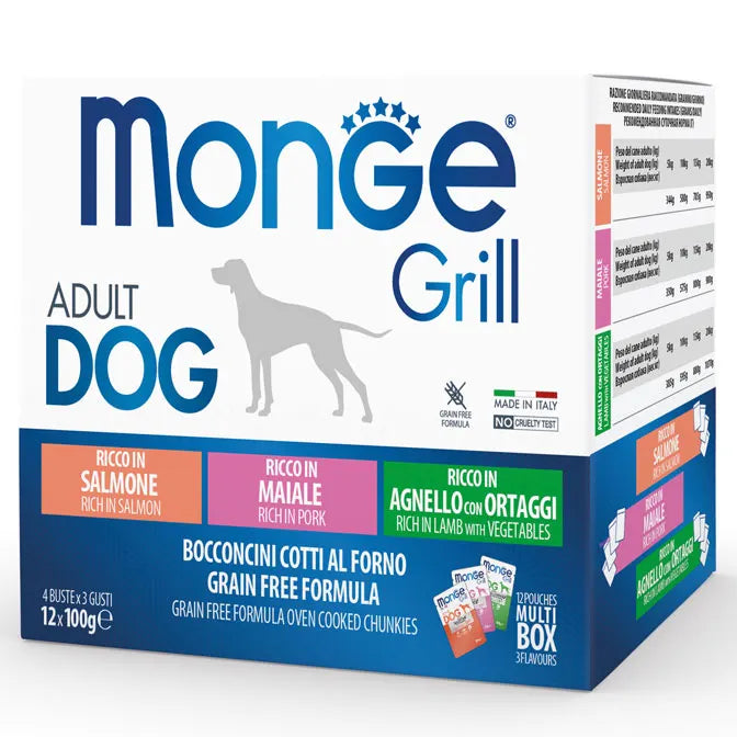 Monge Grill Adult Salmone Maiale Agnello con Ortaggi 12x100g - Cibo Umido per Cani