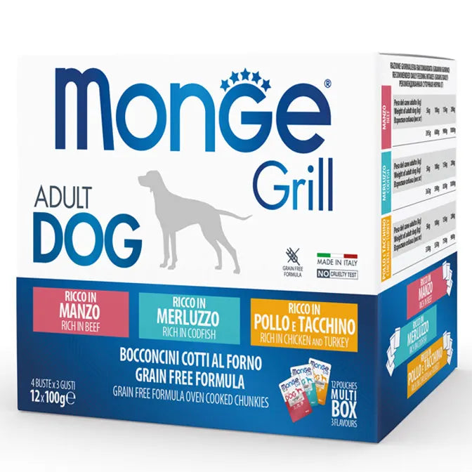 Monge Grill Adult Manzo Merluzzo Pollo e Tacchino 12x100g - Cibo Umido per Cani