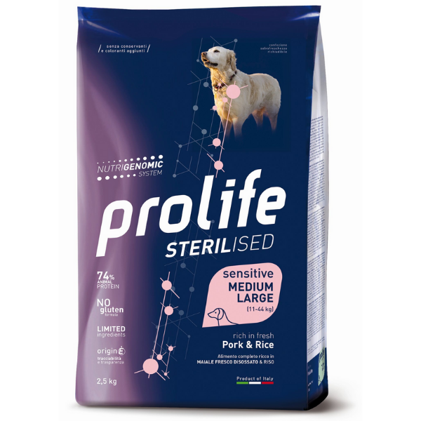 Prolife Sterilised Sensitive Medium/Large Maiale 12kg Crocchette Cane Monoproteiche