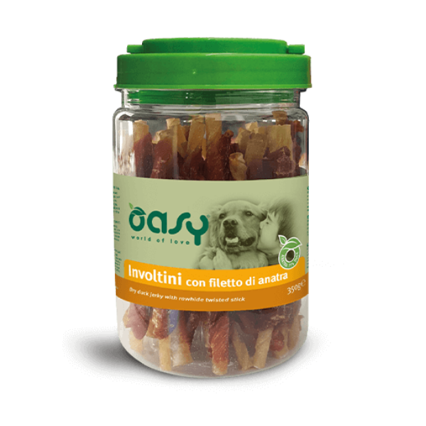 Oasy Involtini con Filetto di Anatra Barattolo Snack Cani 350 Gr