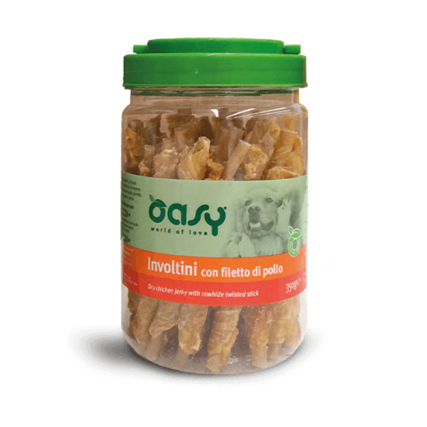 Oasy Involtini con Filetto di Pollo Barattolo Snack Cani 350 Gr