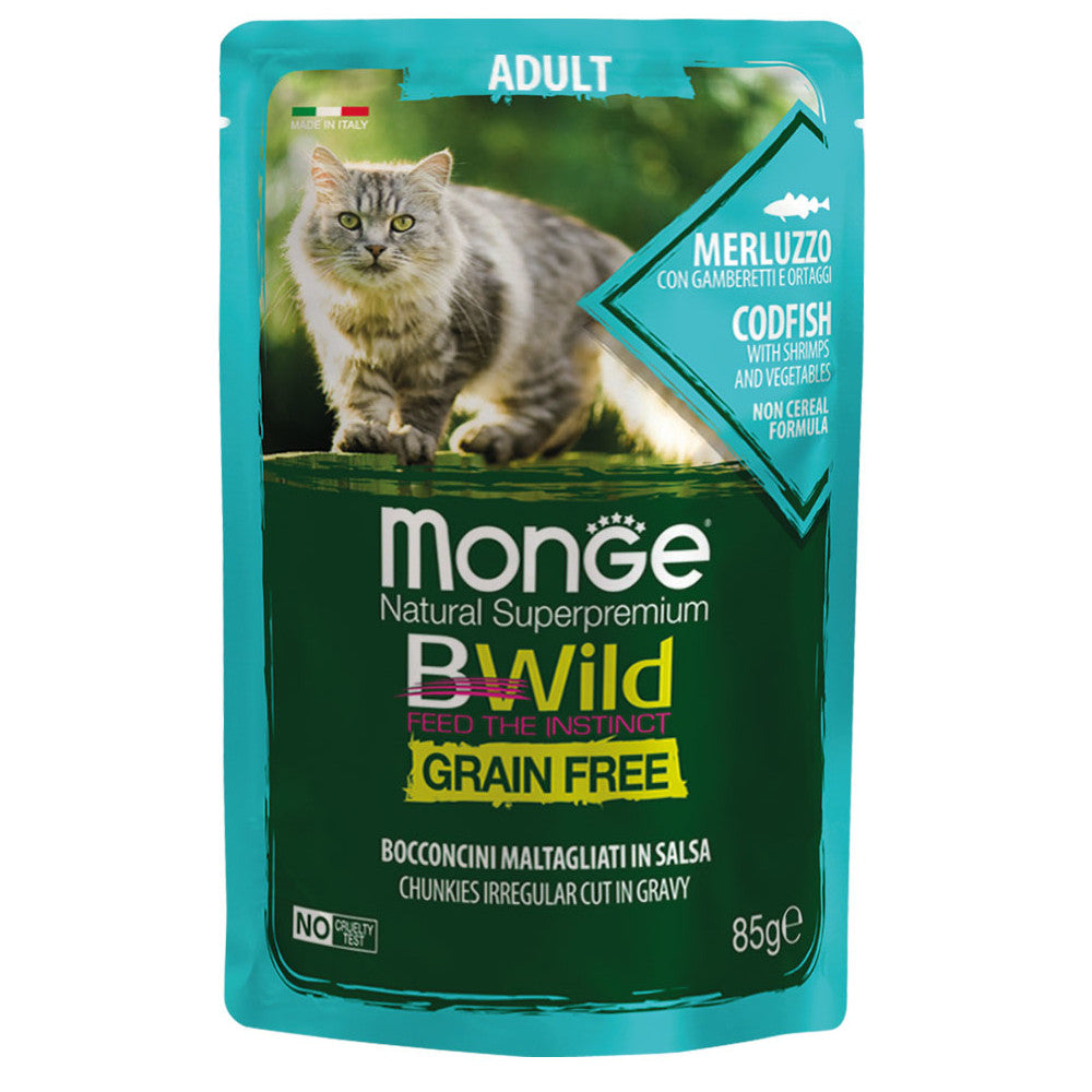 Monge Bwild Grain Free Merluzzo Gamberetti e Ortaggi 85gr Alimento umido per Gatti