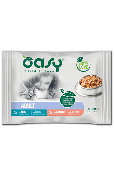 Oasy Bocconcini in Salsa Tonno e Salmone 4x85g - Cibo Umido per Gatti