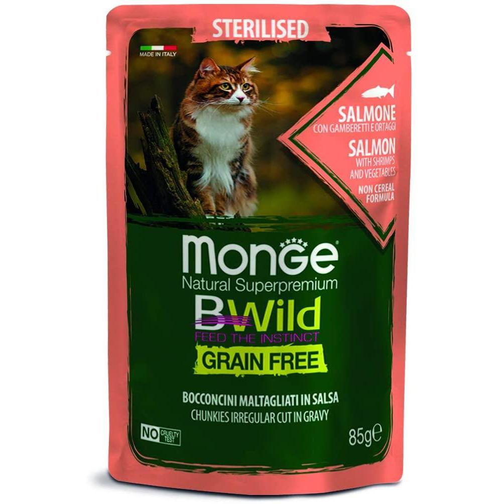 Monge BWild Sterilised Grain Free Salmone con Gamberetti 85gr Alimento umido per Gatti
