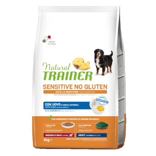 Natural Trainer Adult Sensitive No Gluten Uova e Cereali Integrali Medium e Maxi 3 Kg